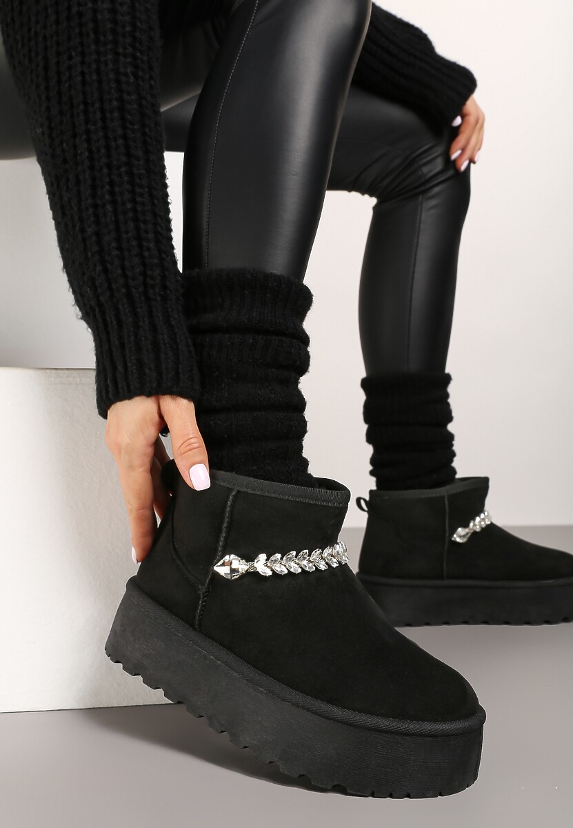 Beżowe Śniegowce na Grubej Podeszwie z Ekozamszu Ozdobione Cyrkoniowym Łańcuszkiem Ninnalith