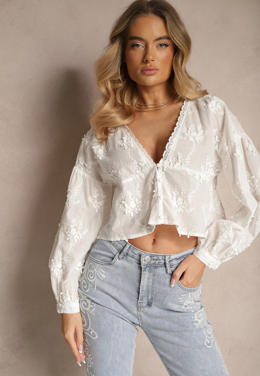 Biała Koszula Oversize z Bawełny Ozdobiona Haftowanymi Kwiatami Valiera