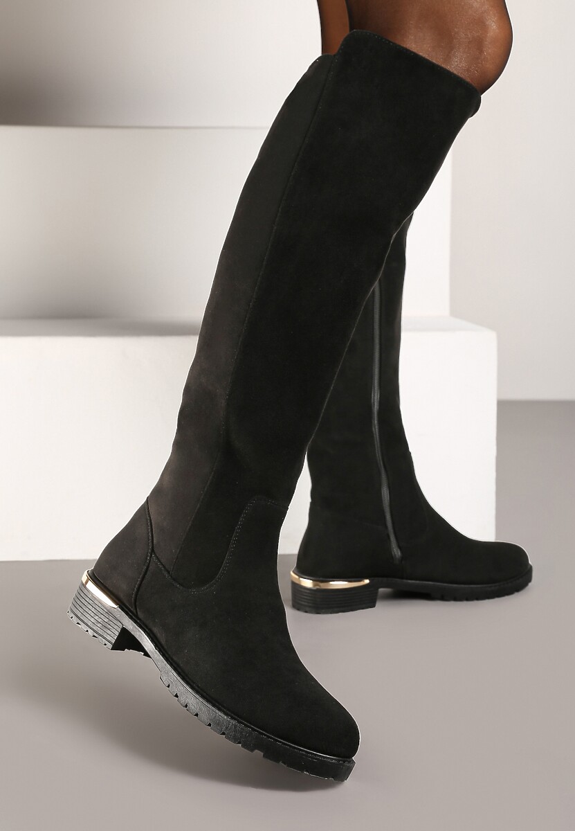 Czarne Kozaki Przed Kolano z Luźną Cholewką i Płaską Podeszwą Prado