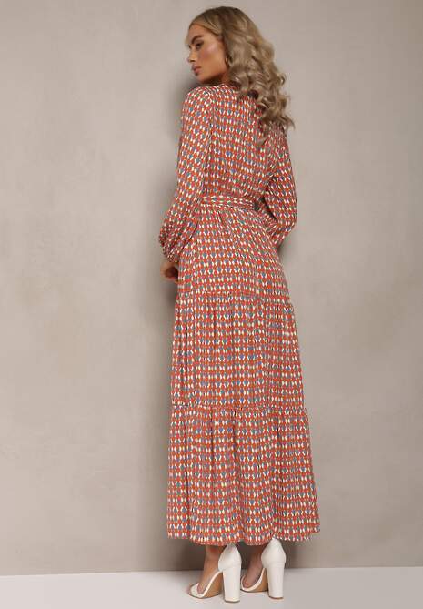 Pomarańczowa Sukienka z Kopertowym Dekoltem i Falbaną na Dole Ive