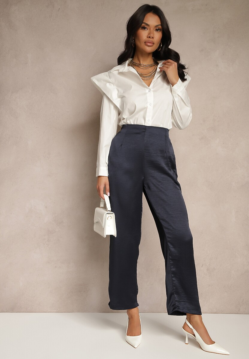 Granatowe Eleganckie Spodnie o Szerokim Kroju z Satynowym Połyskiem Lionea