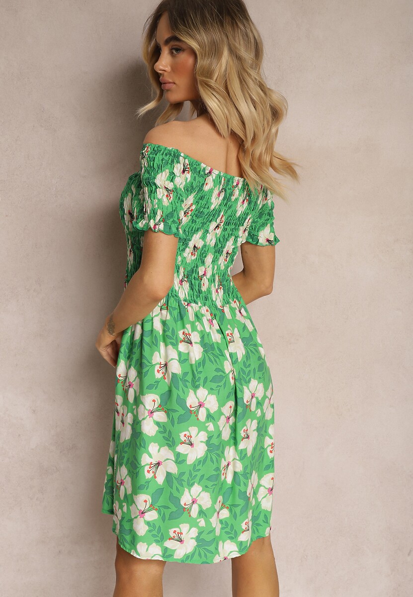 Zielona Rozkloszowana Sukienka Hiszpanka z Gumką w Talii w Kwiaty Nametris