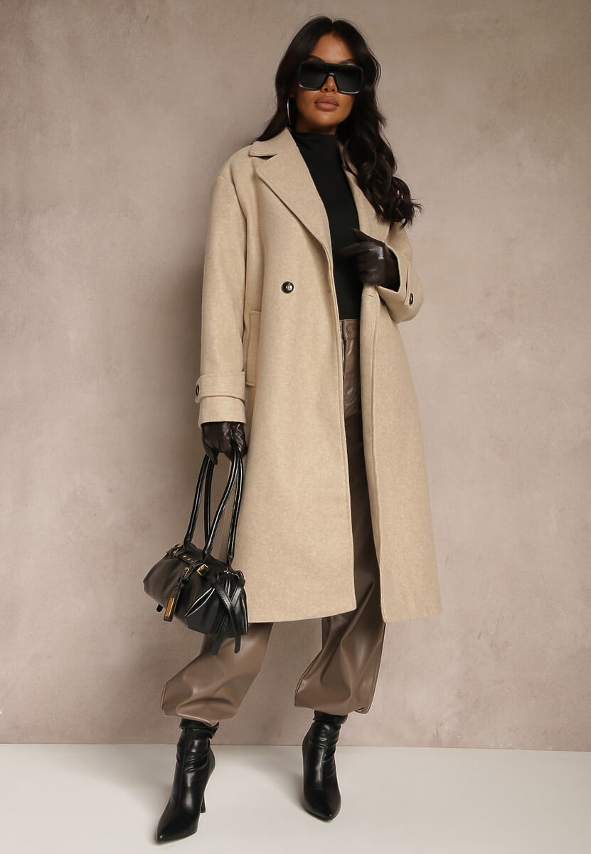 Beżowy Elegancki Płaszcz z Wełny i Wiskozy o Dwurzędowym Kroju Oversize Tilisana