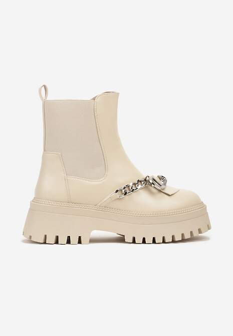 Beżowe Botki na Platformie w Stylu Sztybletów Ozdobione z Przodu Łańcuchem Tinarelle
