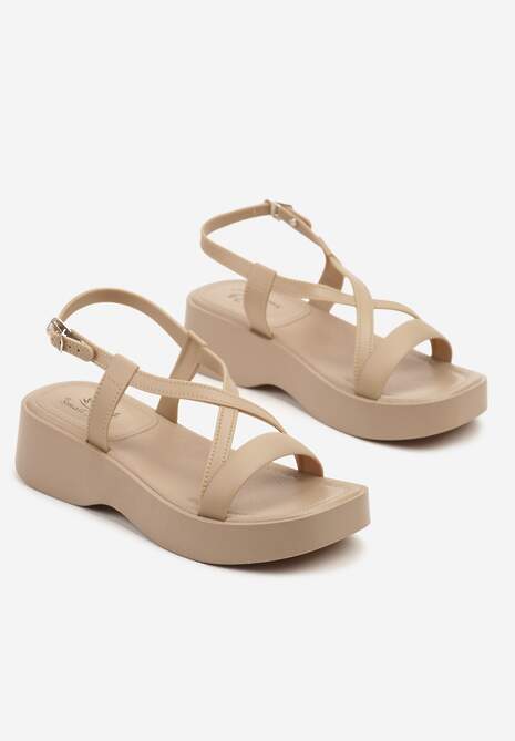 Ciemnobeżowe Sandały na Niskiej Platformie z Paskami w Kształcie X Nusialia