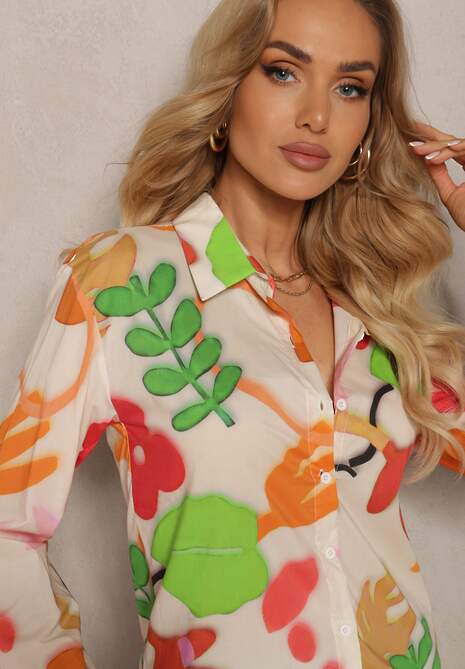 Beżowo-Zielona Bawełniana Koszula w Abstrakcyjny Wzór Bellanight