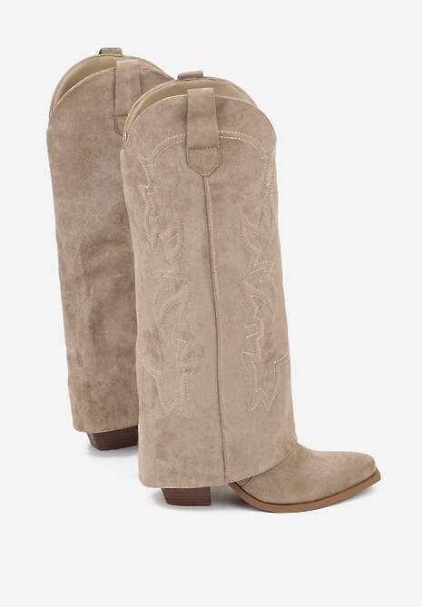 Ciemnobeżowe Kozaki Kowbojki na Stożkowym Obcasie z Wywiniętą Cholewką z Haftem Fenassa