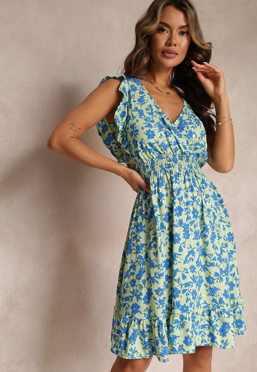 Biała Wiskozowa Sukienka o Rozkloszowanym fasonie z Metalicznym Nadrukiem Aurasana