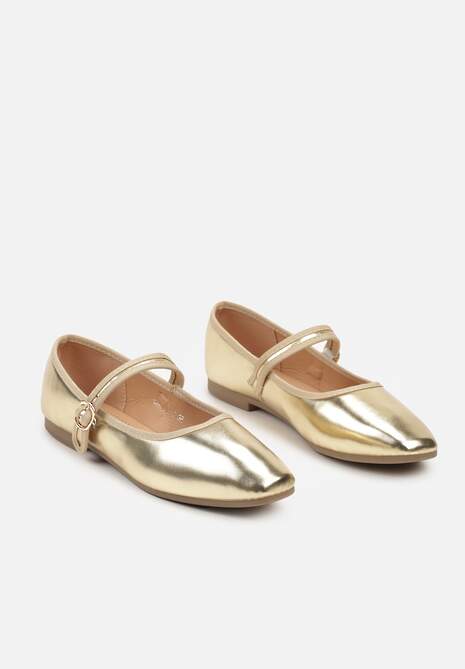 Złote Balerinki na Płaskiej Podeszwie Wykończone Kwadratowym Noskiem i Paskiem Vliora