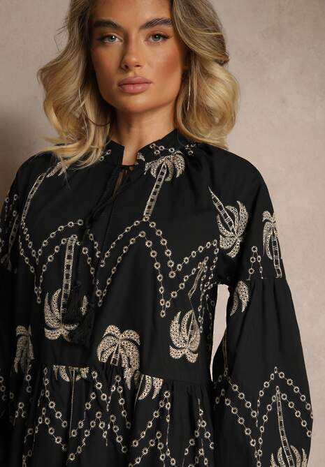 Czarna Bawełniana Sukienka Ozdobiona Palmowym Haftem Sarlio