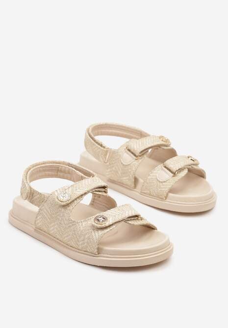 Beżowe Sandały z Rzepami i Biżuteryjnymi Guzikami Kolariella