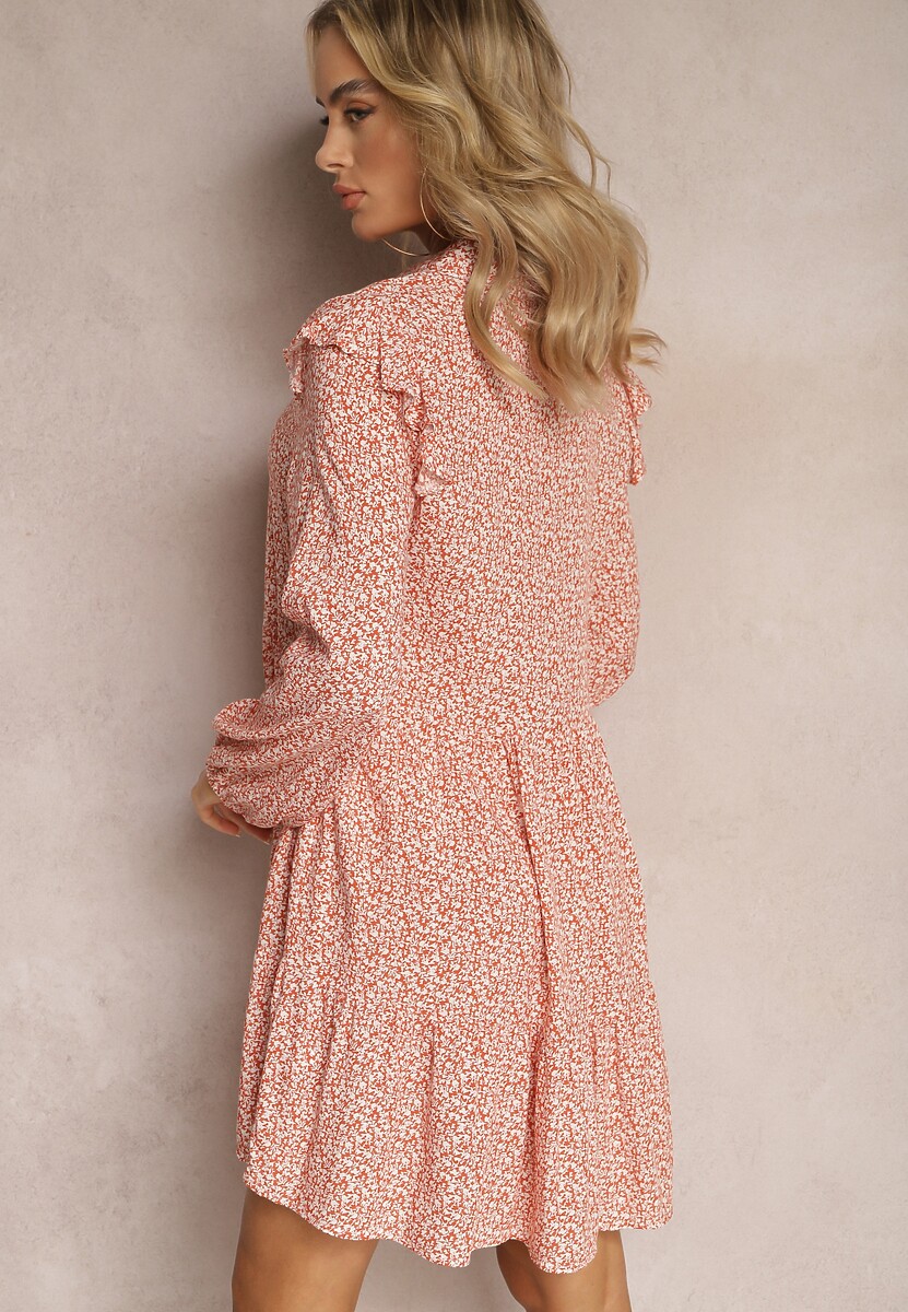 Różowa Mini Sukienka o Rozkloszowanym Kroju w Kwiaty z Falbankami Limrena