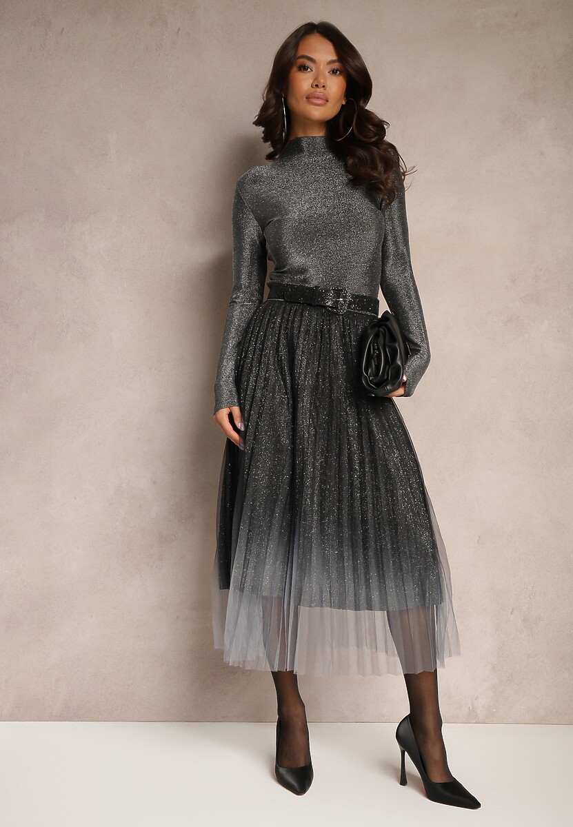 Czarna Spódnica z Siateczki Ozdobionej Brokatem z Gumką w Talii Henizia