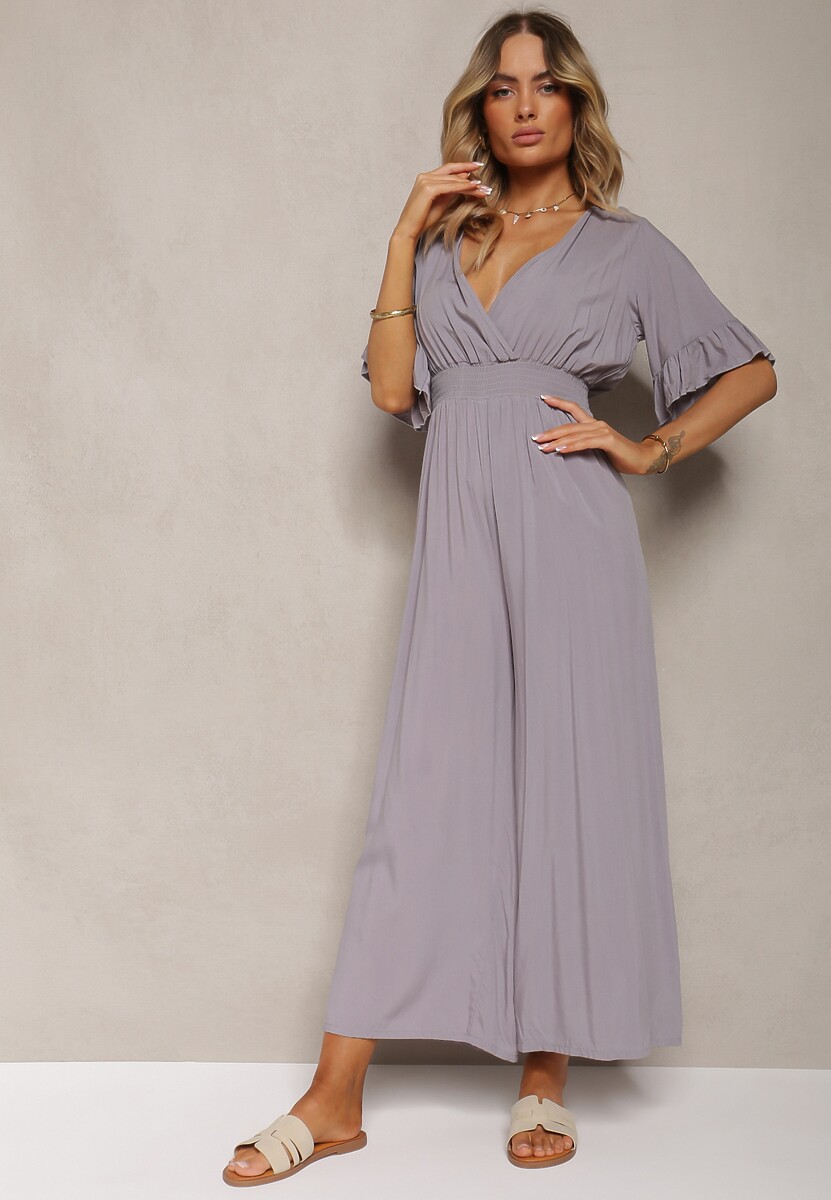 Szary Kombinezon z Bawełny z Gumką w Talii i Dekoltem w Szpic Tesaoona