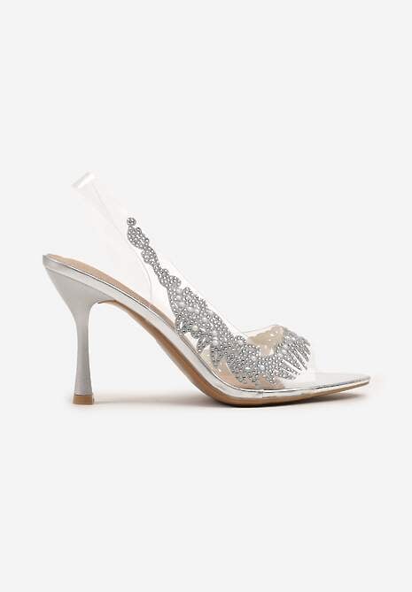 Srebrne Przezroczyste Sandały na Szpilce Vices ze Skórzaną Wkładką i Cyrkoniami Oviassa