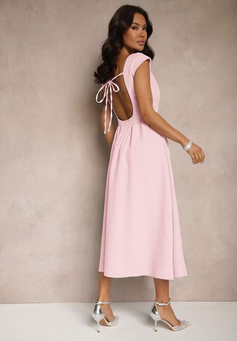 Różowa Rozkloszowana Sukienka z Wiązaniem i Dekoltem w Kształcie Łódki Alanira