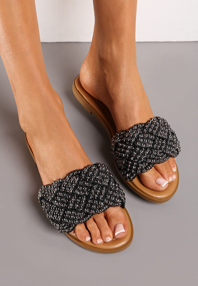 Czarne Płaskie Klapki z Elegancką Plecionką z Koralików Waldase