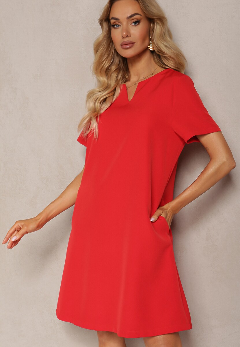 Czarna Trapezowa Sukienka Mini z Krótkim Rękawem i Kieszeniami Vrea