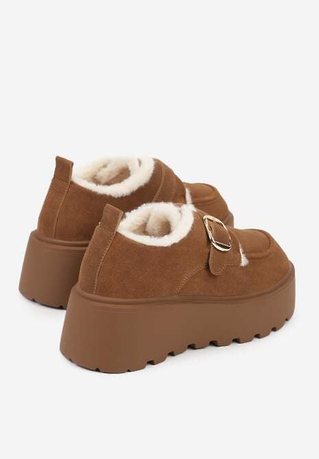 Jasnobrązowe Śniegowce na Platformie z Paskiem ze Sprzączką i Futrem Unweda