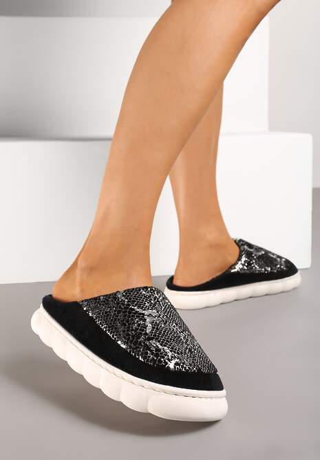 Czarne Kapcie Vices na Platformie z Tłoczeniem Ozdobione Metalicznym Wzorem Zeanivra