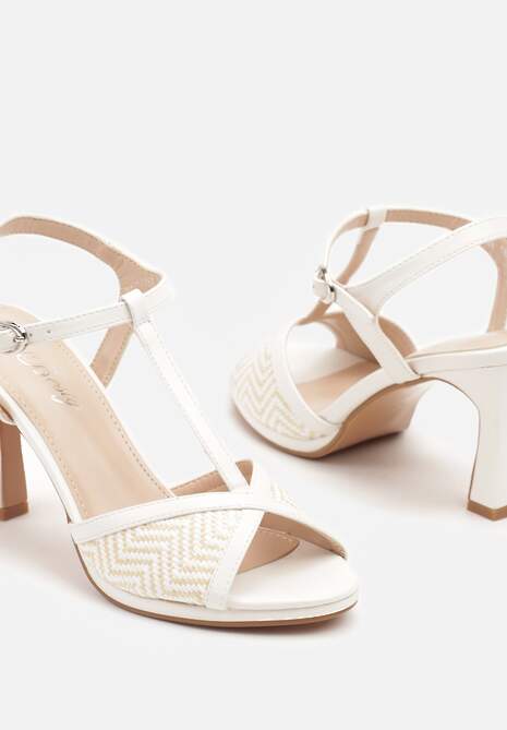 Białe Tweedowe Sandały na Obcasie Zapinane na Pasek z Klamerką Tilliviera