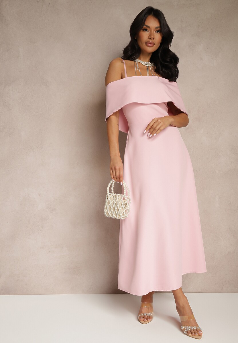 Różowa Rozkloszowana Sukienka na Ramiączkach z Wywiniętym Dekoltem Jenavitia