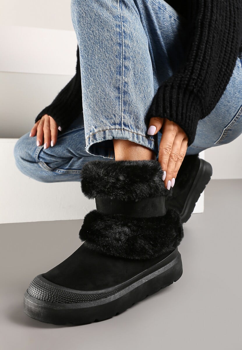 Czarne Śniegowce z Ekozamszu na Grubej Podeszwie z Futrzaną Wyściółką Emmizola