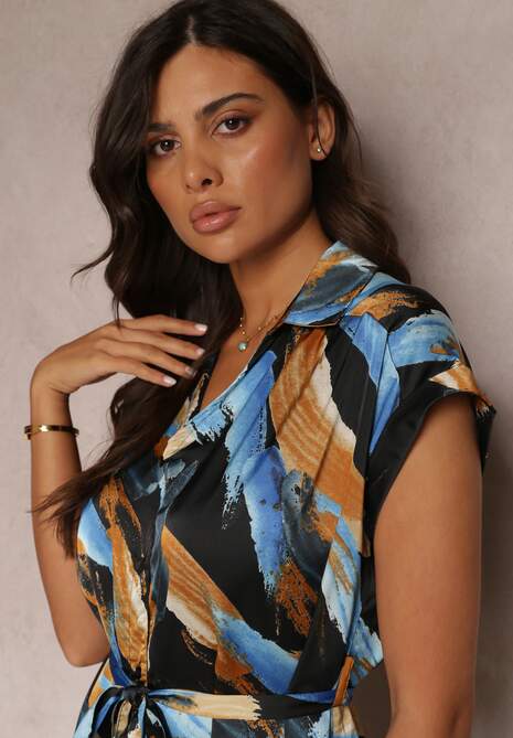 Czarno-Niebieska Wzorzysta Sukienka Midi z Kołnierzem i Materiałowym Paskiem Jenica