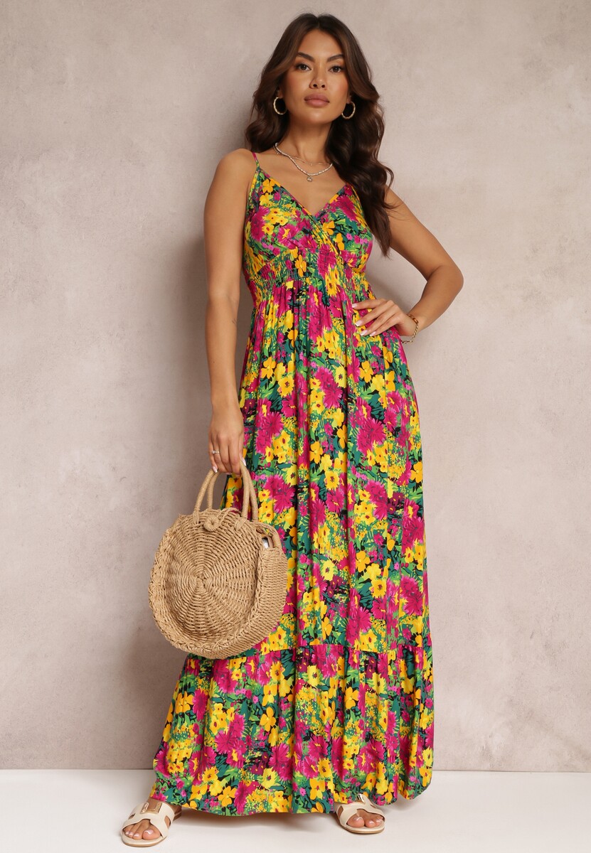 Żółto-Fuksjowa Rozkloszowana Sukienka z Wiskozy w Kwiaty Eurena