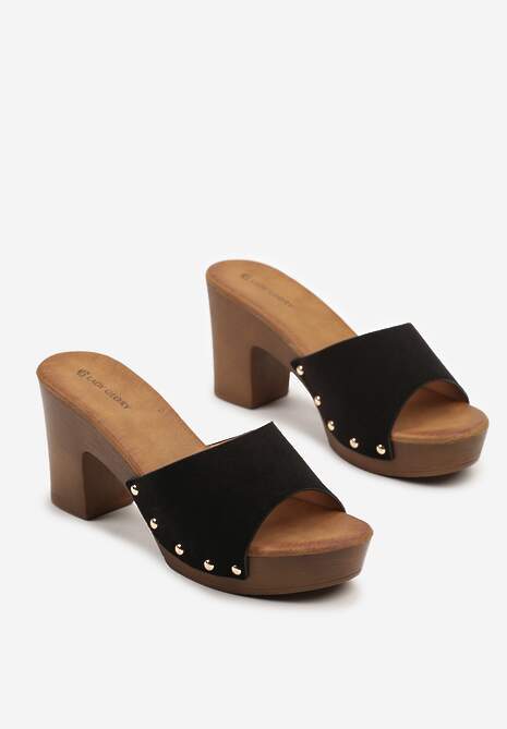 Czarne Klapki w Stylu Drewniaków na Słupkowym Obcasie z Nitami Mevane