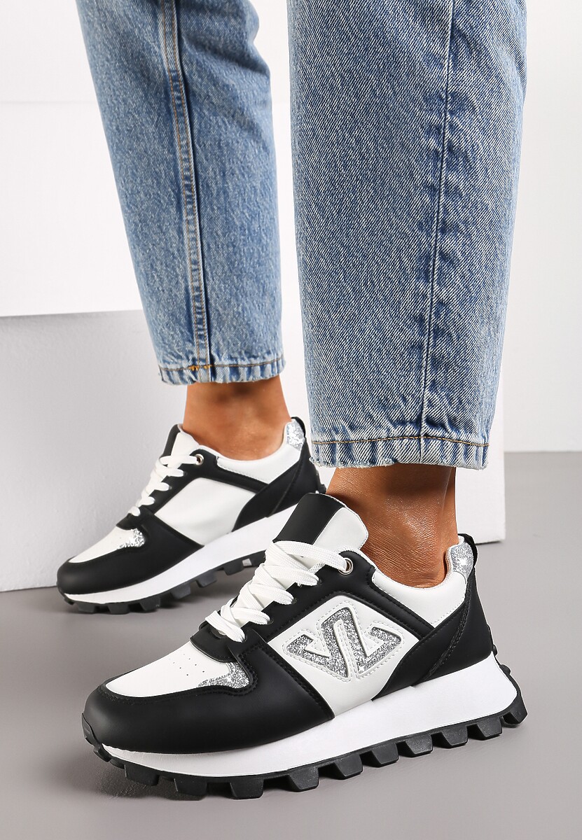 Czarne Sneakersy z Szerokim Protektorem i Brokatową Naszywką Afradia