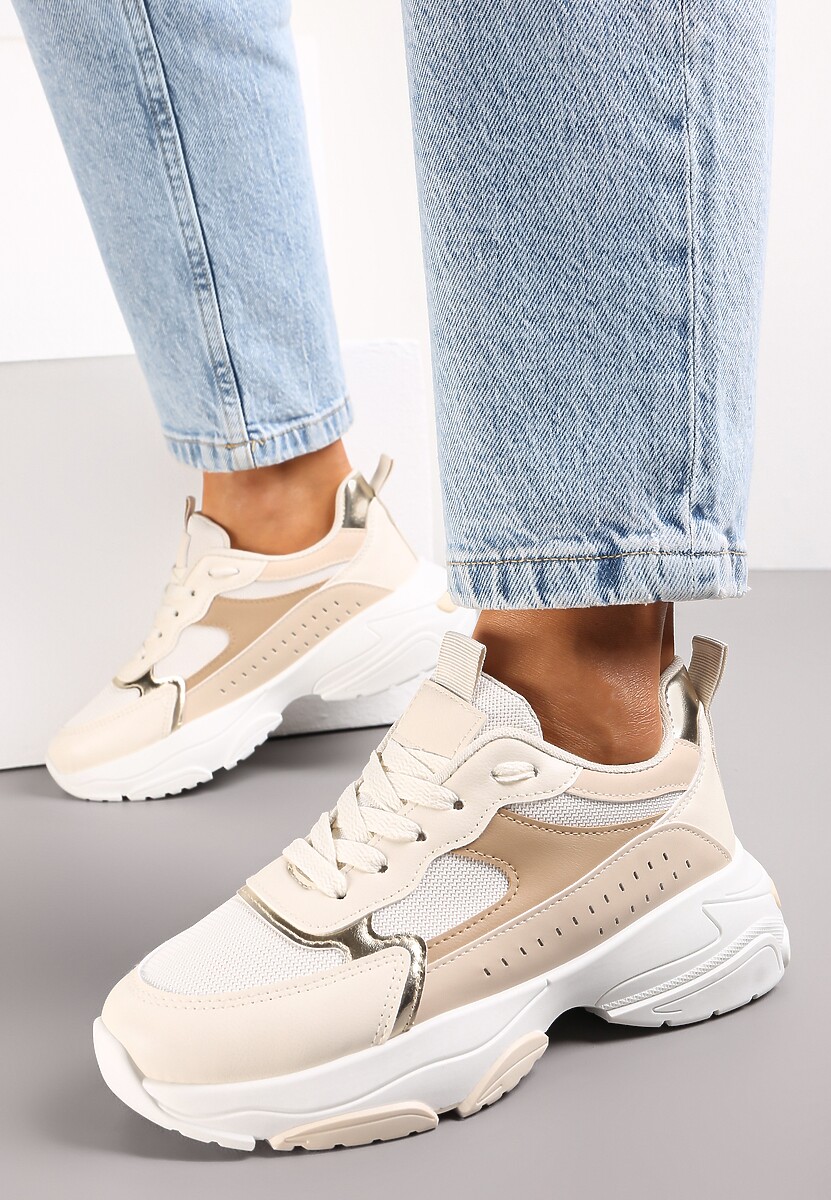 Beżowe Sneakersy na Grubej Podeszwie z Cholewką przed Kostkę i Perforacją Obethy