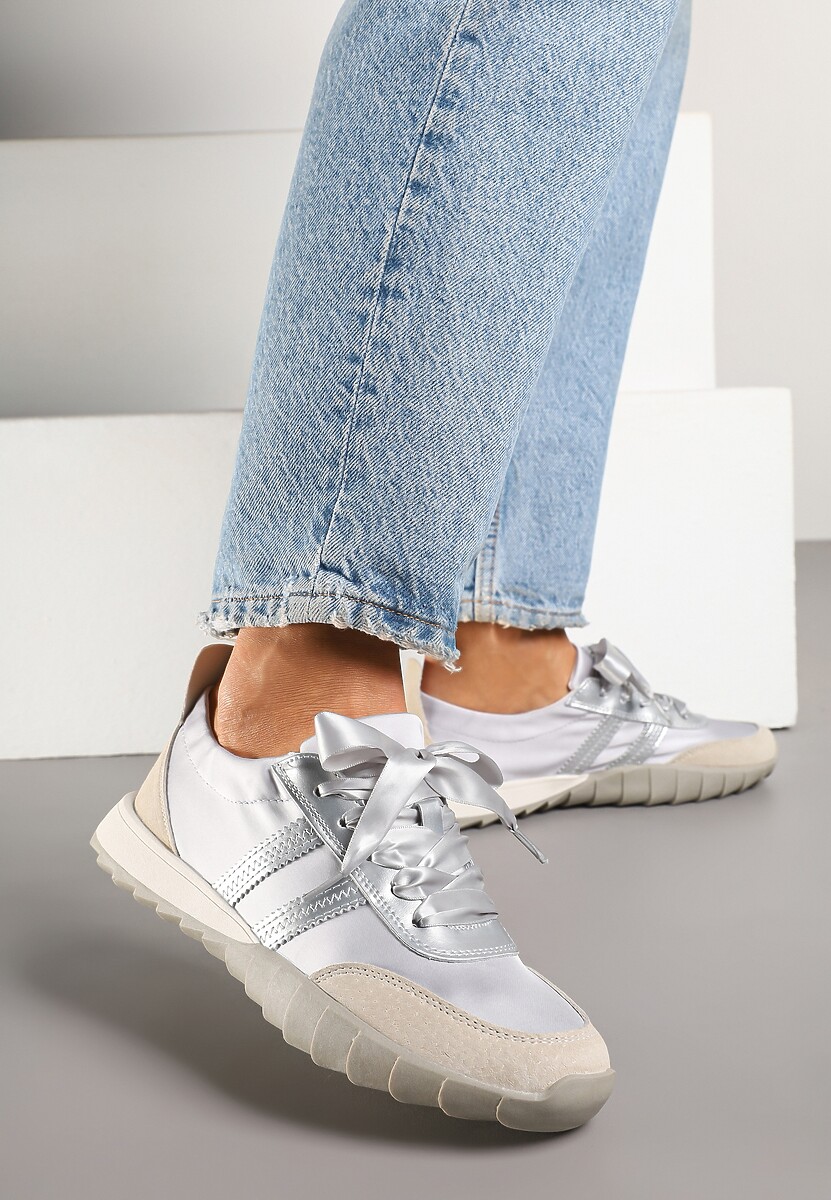 Szare Sneakersy Klasyczne Tenisówki ze Skóry Naturalnej z Satynowym Wiązaniem Viviantia