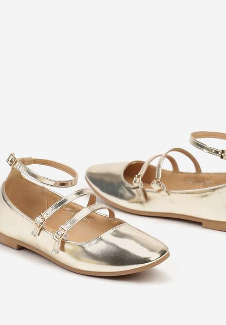 Złote Klasyczne Balerinki Zapinane na Paseczki z Ozdobnymi Klamerkami Lerithana
