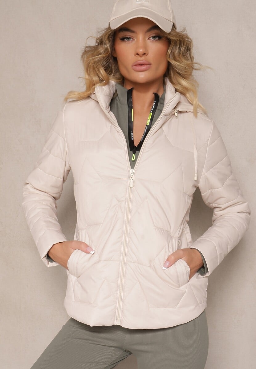 Ciemnobeżowa Kurtka z Geometrycznym Pikowaniem i Kapturem Lilidi