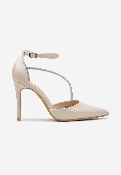 Beżowe Szpilki z Cyrkoniami na Pasku i Zapięciem przy Kostce Zefiria