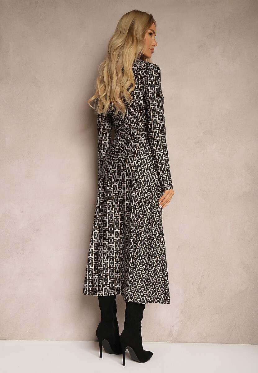 Czarno-Szara Sukienka o Koszulowym Fasonie z Wiązanym Paskiem i Abstrakcyjnym Wzorem Sairina
