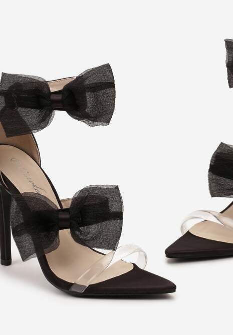 Czarne Sandały Ozdobione Kokardką Zapinane na Sprzączkę na Szpilce Leomma