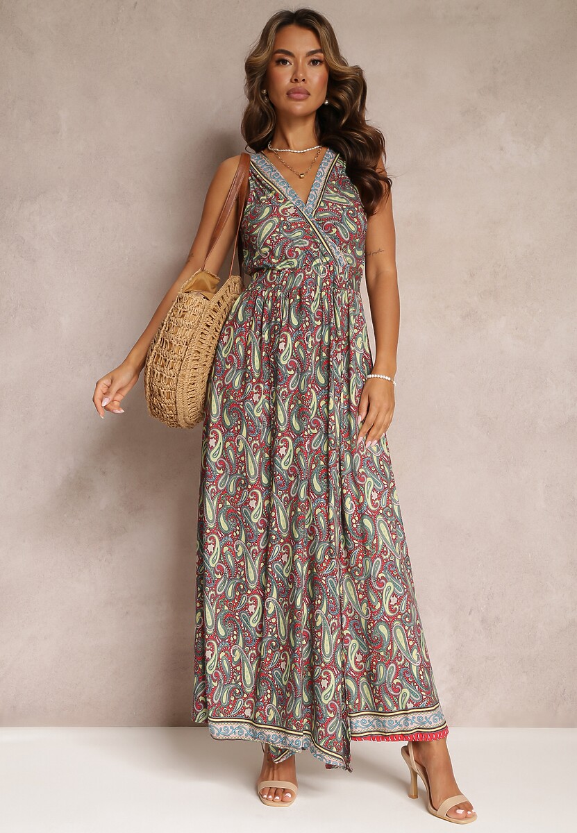 Czerwona Wiskozowa Sukienka Paisley Maxi z Głębokim Dekoltem Shinne