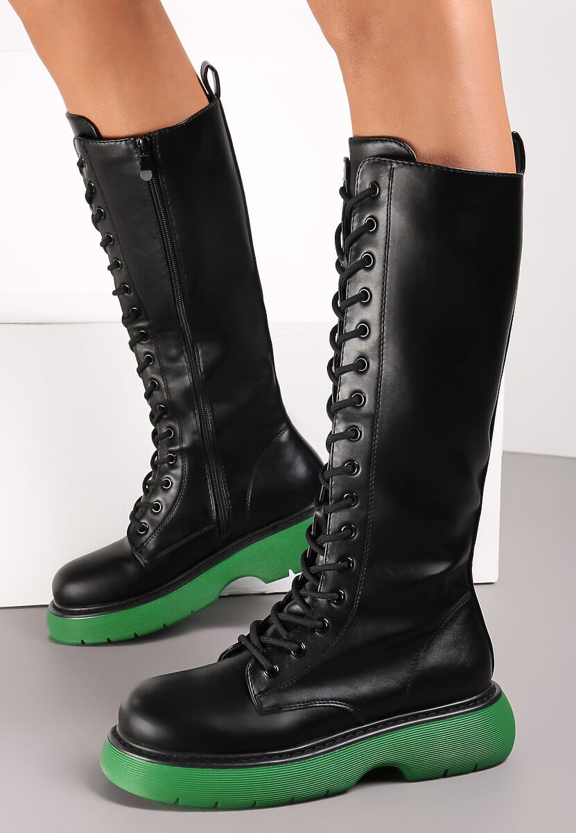 Czarno-Zielone Kozaki Sznurowane na Grubej Podeszwie Zolmi