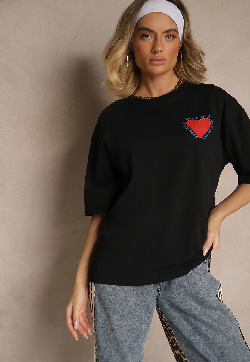 Jasnobeżowy T-shirt z Bawełny Ozdobiony Sercem Ranira