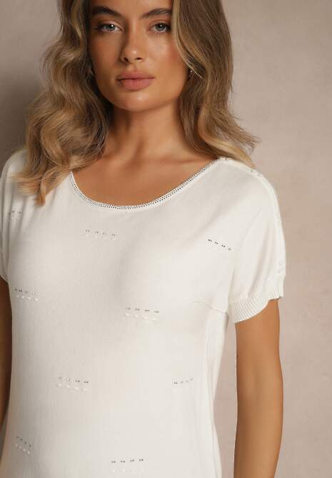 Biała Dzianinowa Bluzka z Cyrkoniowymi Aplikacjami Fenellia