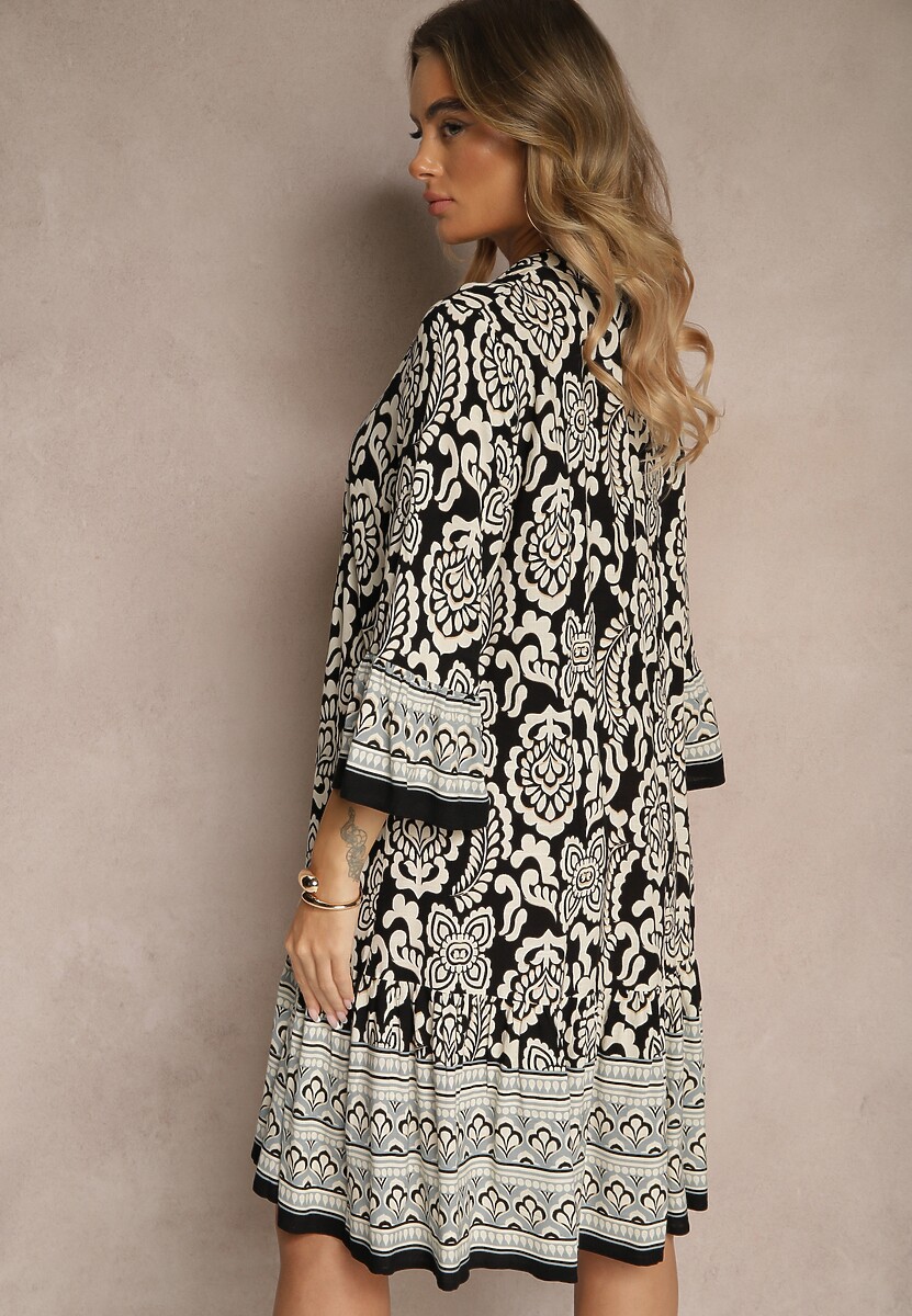 Czarna Rozkloszowana Sukienka z Wiskozy o Koszulowym Kroju w Kwiatowy Print Frolsemi