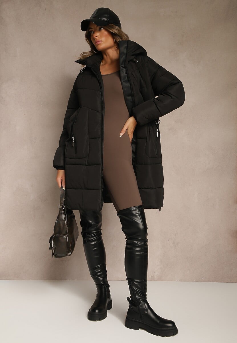 Czarna Pikowana Kurtka z Kapturem i Bocznymi Suwakami Lundrie