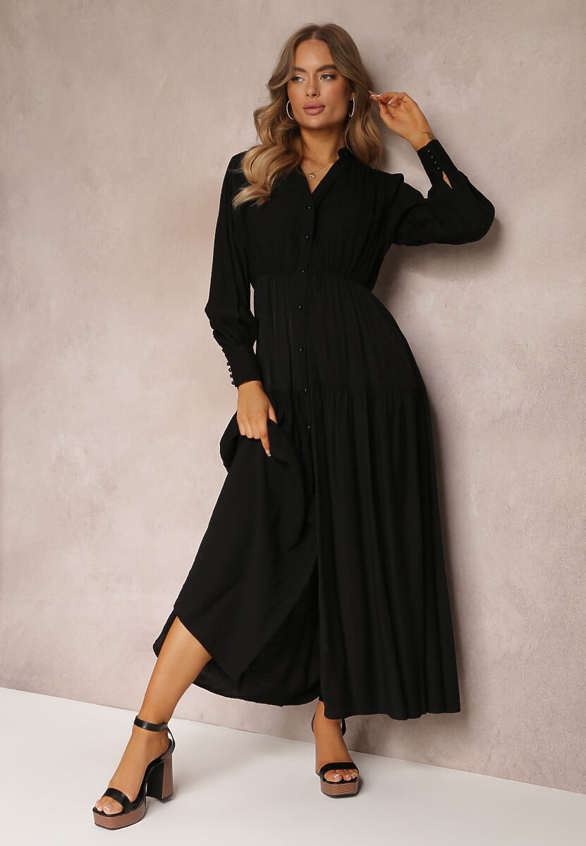 Czarna Rozkloszowana Sukienka z Gumką w Pasie i Ozdobnymi Guzikami Graziela