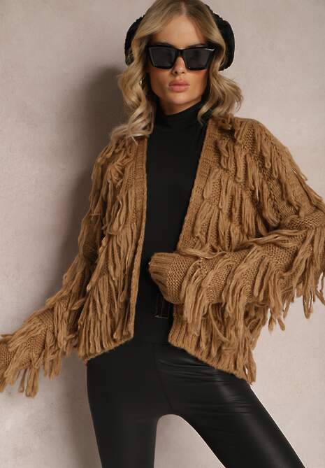 Brązowy Niezapinany Kardigan z Frędzlami Segentri