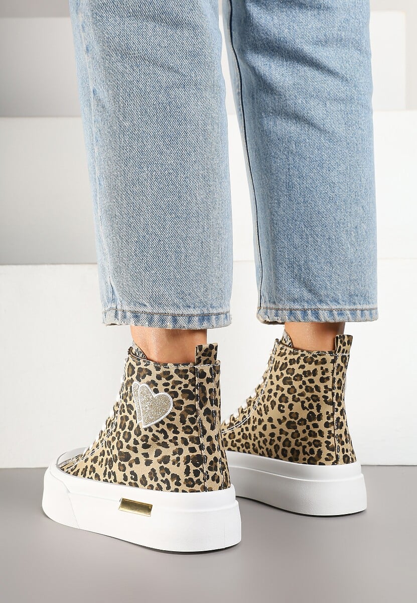 Panterkowe Trampki na Platformie z Wysoką Cholewką z Haftem z Brokatem Elanitha