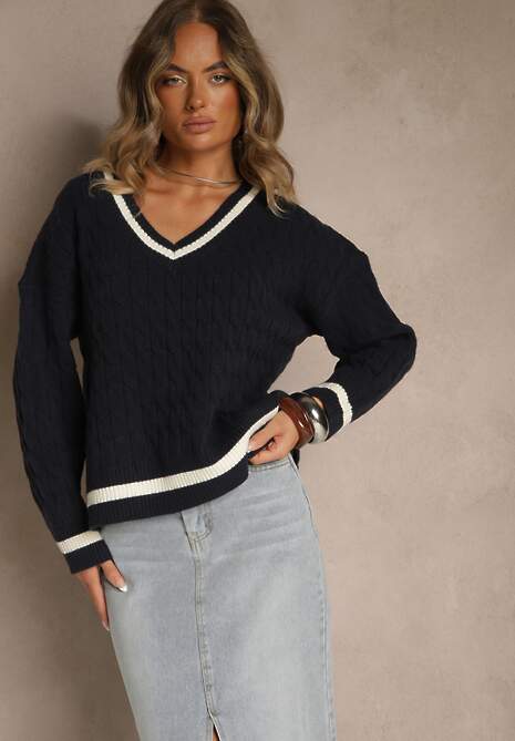 Granatowy Sweter w Stylu Preppy z Dodatkiem Kaszmiru i Warkoczowym Splotem Belmire