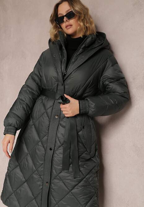 Ciemnozielona Kurtka za Kolano Pikowana z Wiązanym Paskiem Cealia