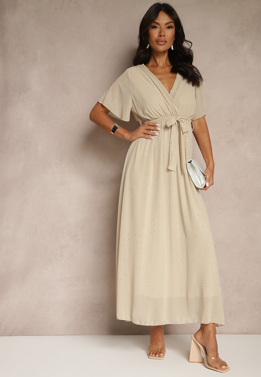 Beżowa Koktajlowa Brokatowa Sukienka z Paskiem Addlea